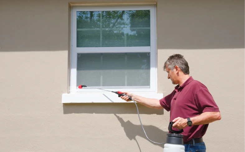Person applying pest control outside house