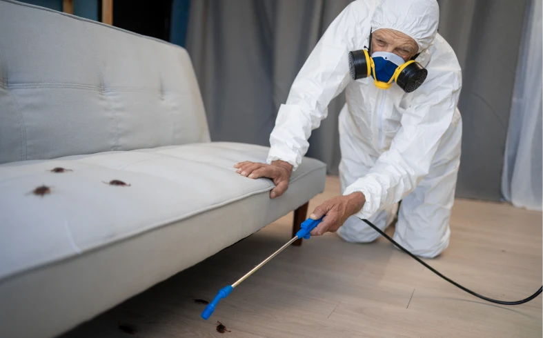 Technician spraying for bugs under couch