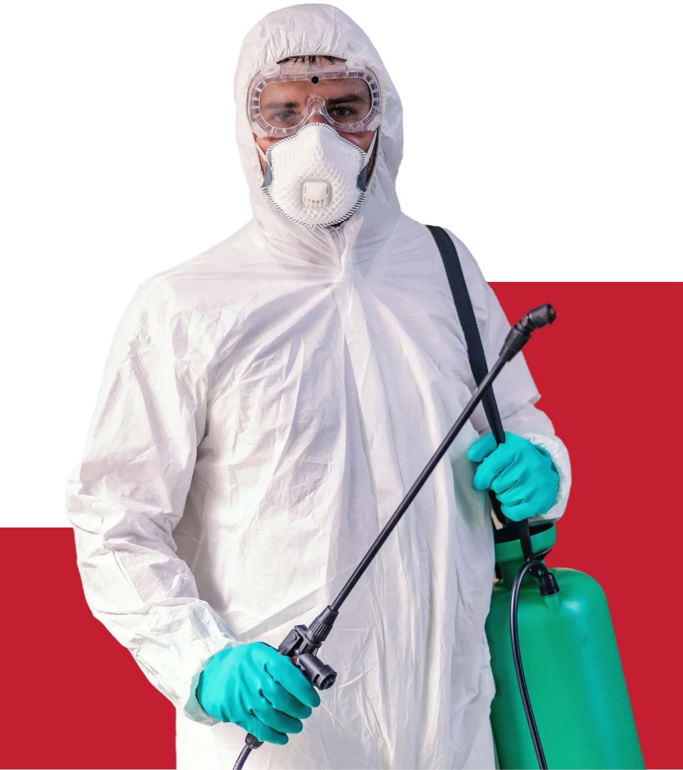 Individual in hazmat gear holding sprayer